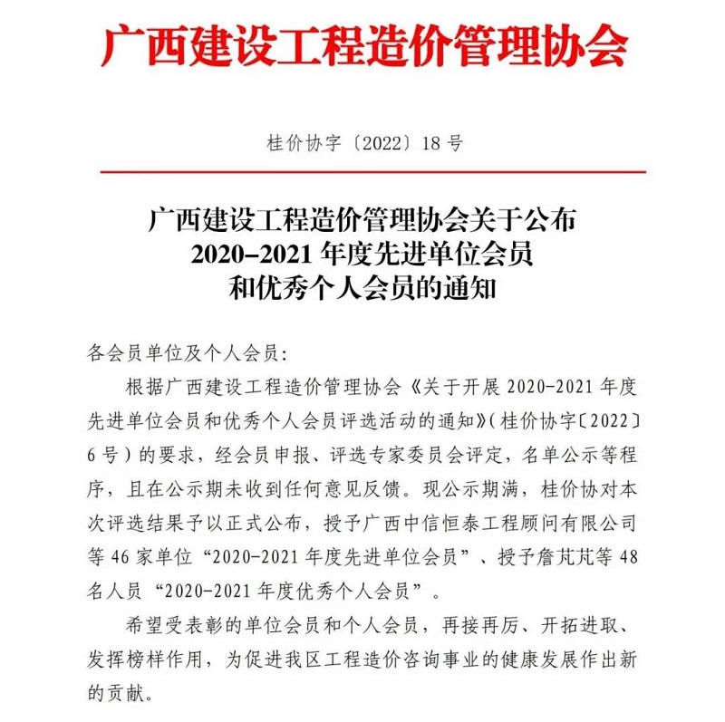 广西工程咨询集团直属企业建信公司获评为广西建设工程造价管理协会2020-2021年度先进单位会员