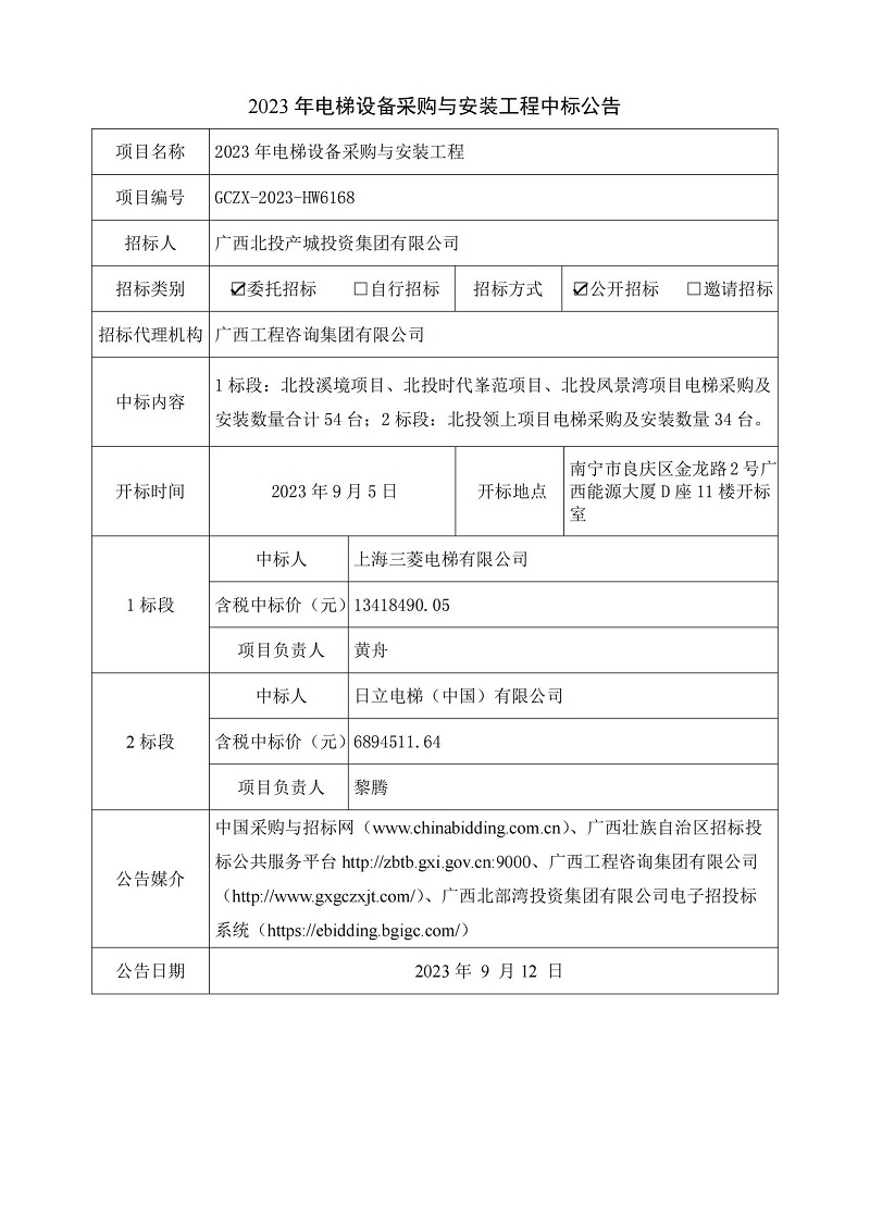 2023 年电梯设备采购与安装工程中标公告